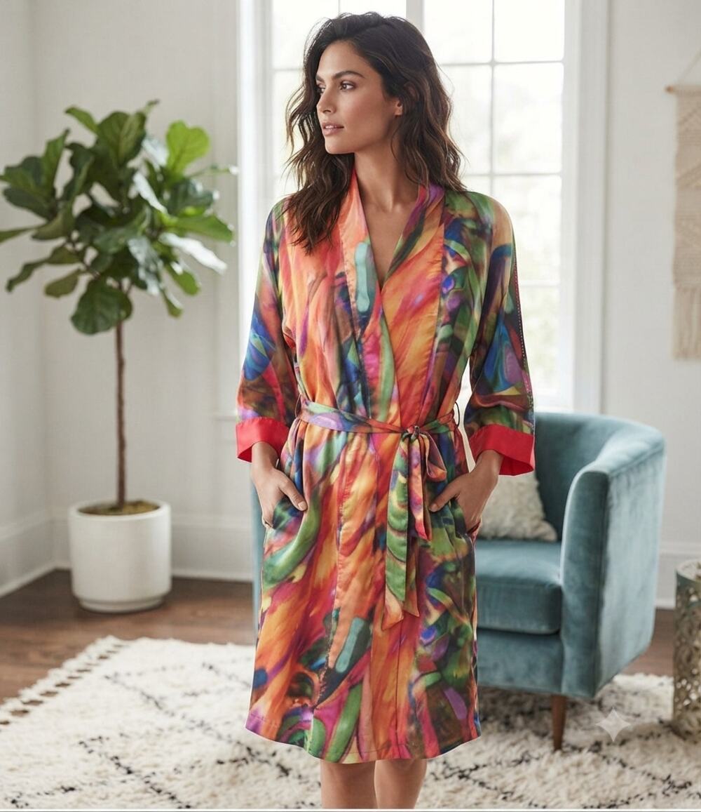 Natori Private Luxuries Art-to-Wear Multi-Color Painterly Kimono Robe EUC Size M